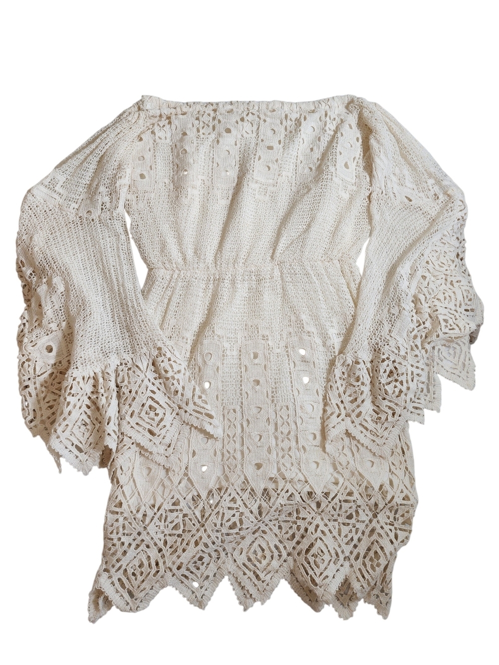 Jen's Pirate Booty Off Shoulder Cotton Lace Bell Sleeve Dress Cream Size S